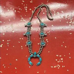 1960s Faux Turquoise and Silver Squash Blossom Necklace